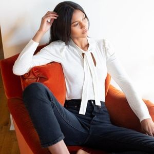 New! Nation LTD Evette Tie Collar Puff sleeve Top Small 100% cotton